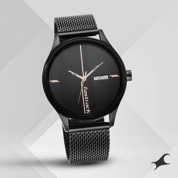 Fastrack Style Up Quartz Analog with Day and Date Black Dial Stainless Steel Strap Watch for Guys