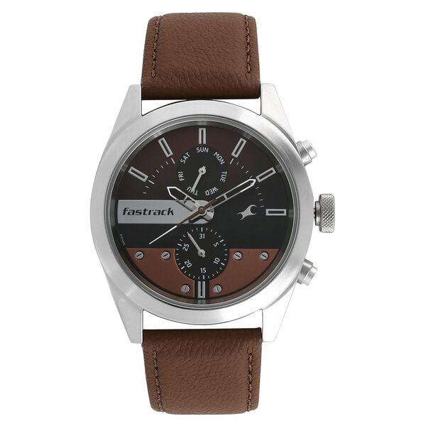 Fastrack All Nighters Quartz Multifunction Brown Dial Leather Strap Watch for Guys - image number 0