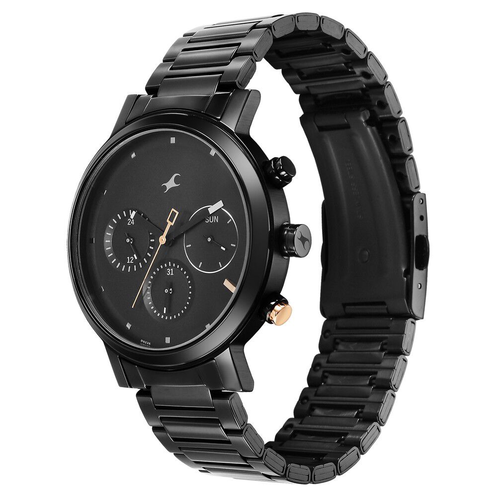 Fastrack Tick Tock Quartz Analog Black Dial With Black Stainless steel  Strap Watch for Guys