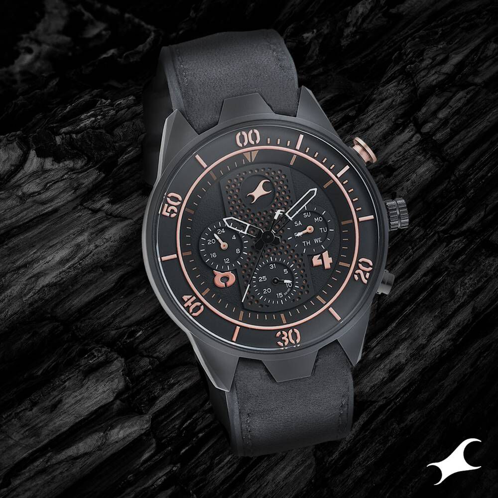 Fastrack All Nighters Quartz Multifunction Black Dial Leather Strap