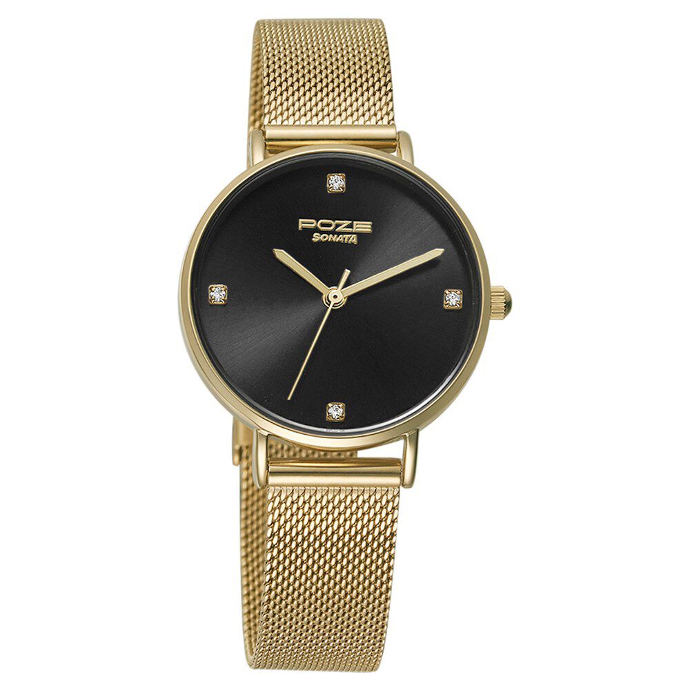 Poze by Sonata Quartz Analog Black Dial Stainless Steel Strap Watch for Women