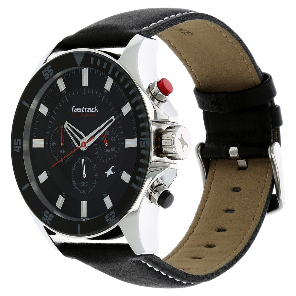 Buy Online Fastrack Big Time Quartz Chronograph Black Dial Leather Strap Watch for Guys 3072sl02 p Fastrack