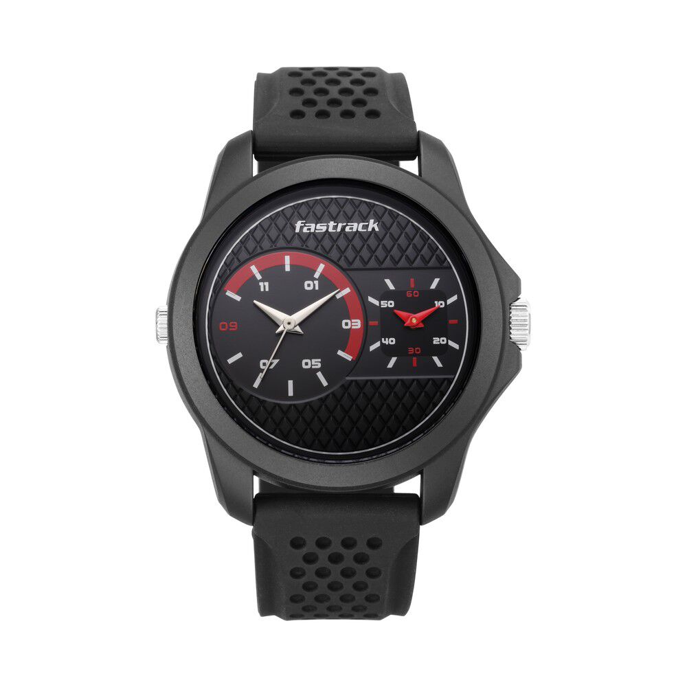 Buy Online Fastrack Dual Time Quartz Analog Black Dial Silicone Strap Watch for Guys np38042pp06 Fastrack