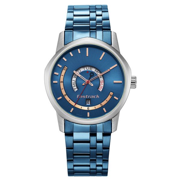 Fastrack Exuberant Quartz Analog with Day and Date Blue Dial Metal Strap Watch for Guys - image number 2