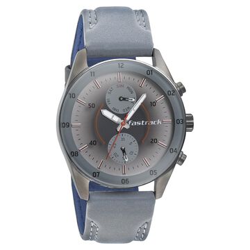 Fastrack Space Rover Quartz Multifunction Grey Dial Leather Strap Watch for Guys