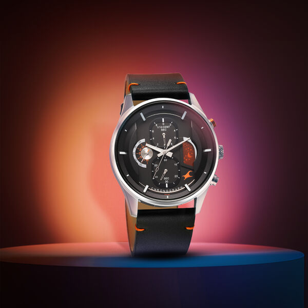Fastrack Opulence Sun Moon Chronograph Black Dial Black Leather Strap Analog Quartz Watch For Guys - image number 0