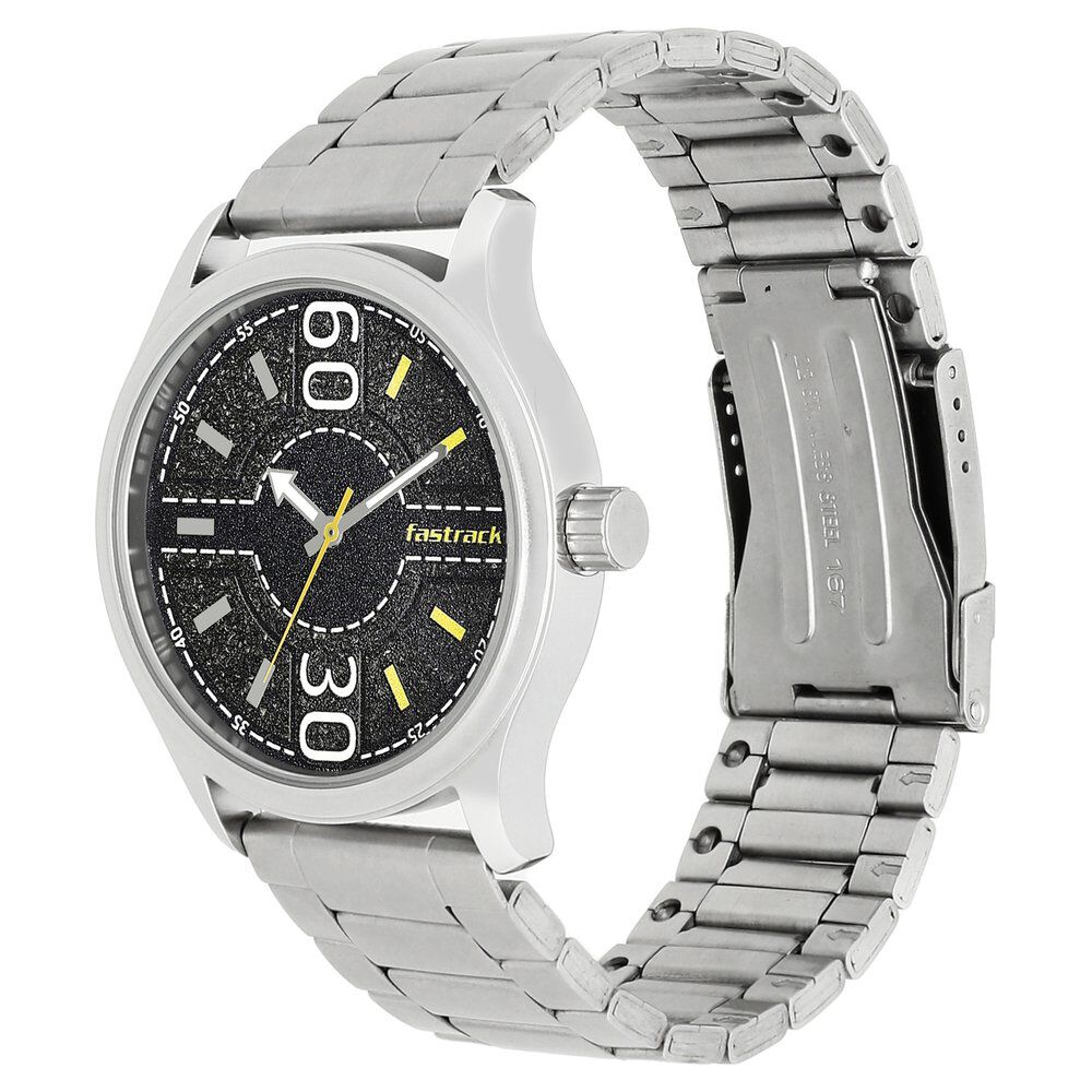 Buy Online Fastrack Road Trip Quartz Analog Black Dial Stainless Steel Strap Watch for Guys nm3197sm02 Fastrack