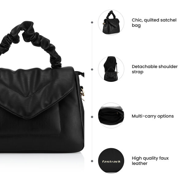 Fastrack Ruched Handle Satchel Bag with Detachable Sling in Black - image number 6