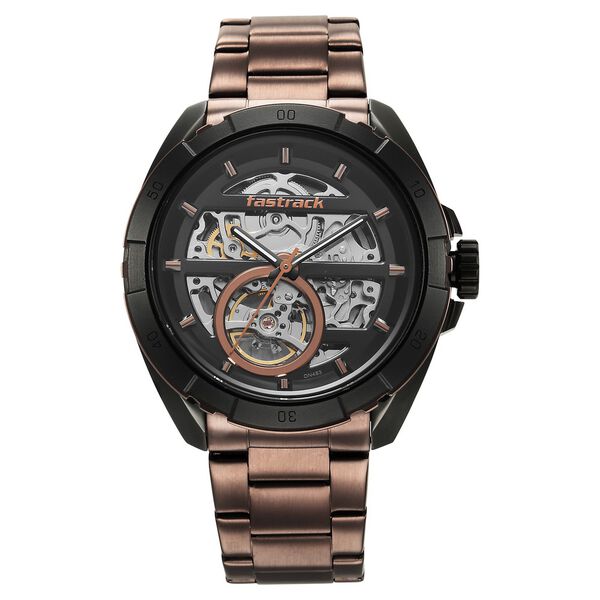 Fastrack Automatics Black Dial Brown Stainless Steel Strap Watch For Guys - image number 0