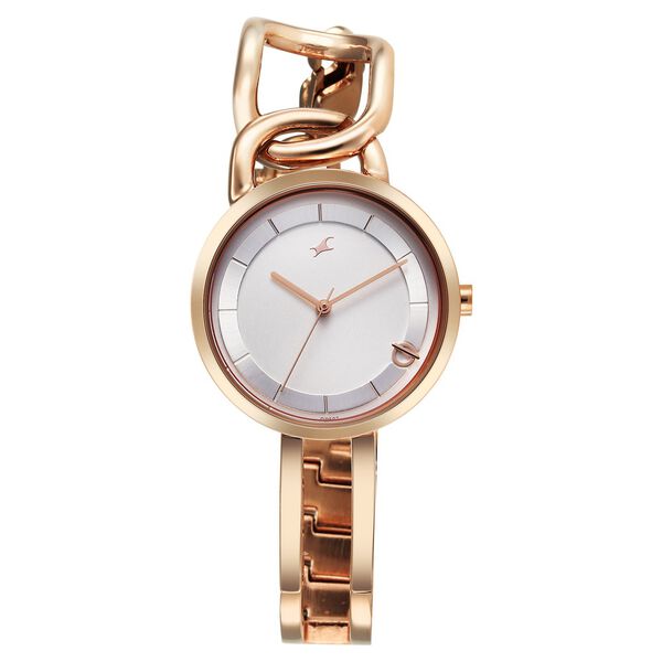 Fastrack Opulence Quartz Analog Silver White Dial Champagne Gold Metal Strap Watch For Girls - image number 0