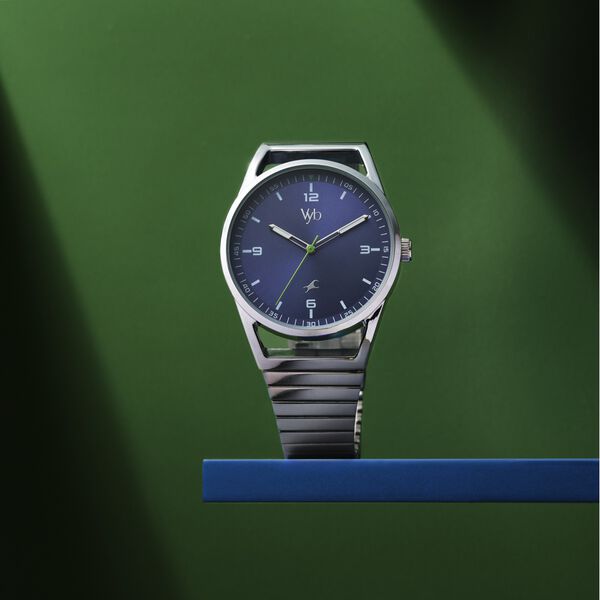 Fastrack Vyb Horizon Quartz Analog Blue Dial Silver Metal Strap Watch For Guys - image number 0