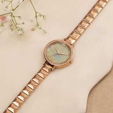 Vyb Enigma By Fastrack Quartz Analog Green Dial Rose Gold Metal Strap Watch For Girls