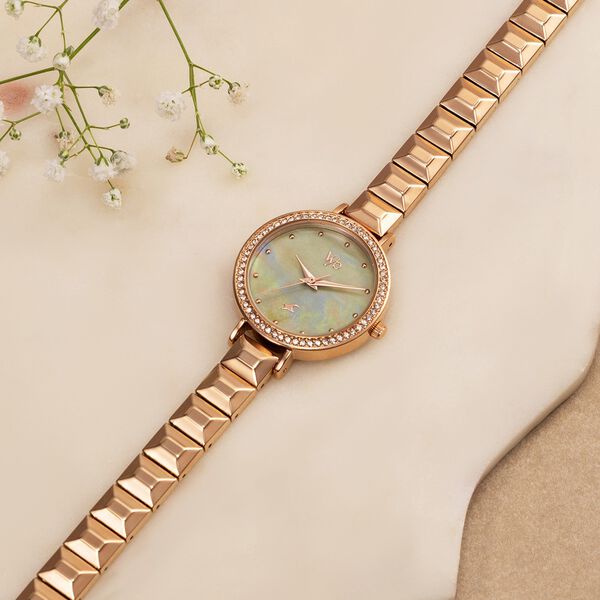 Vyb Enigma By Fastrack Quartz Analog Green Dial Rose Gold Metal Strap Watch For Girls - image number 0