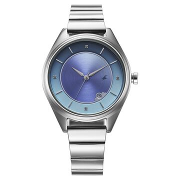 Fastrack Style Up Quartz Analog with Date Blue Dial Silver Colour Stainless Steel Strap Watch For Girls