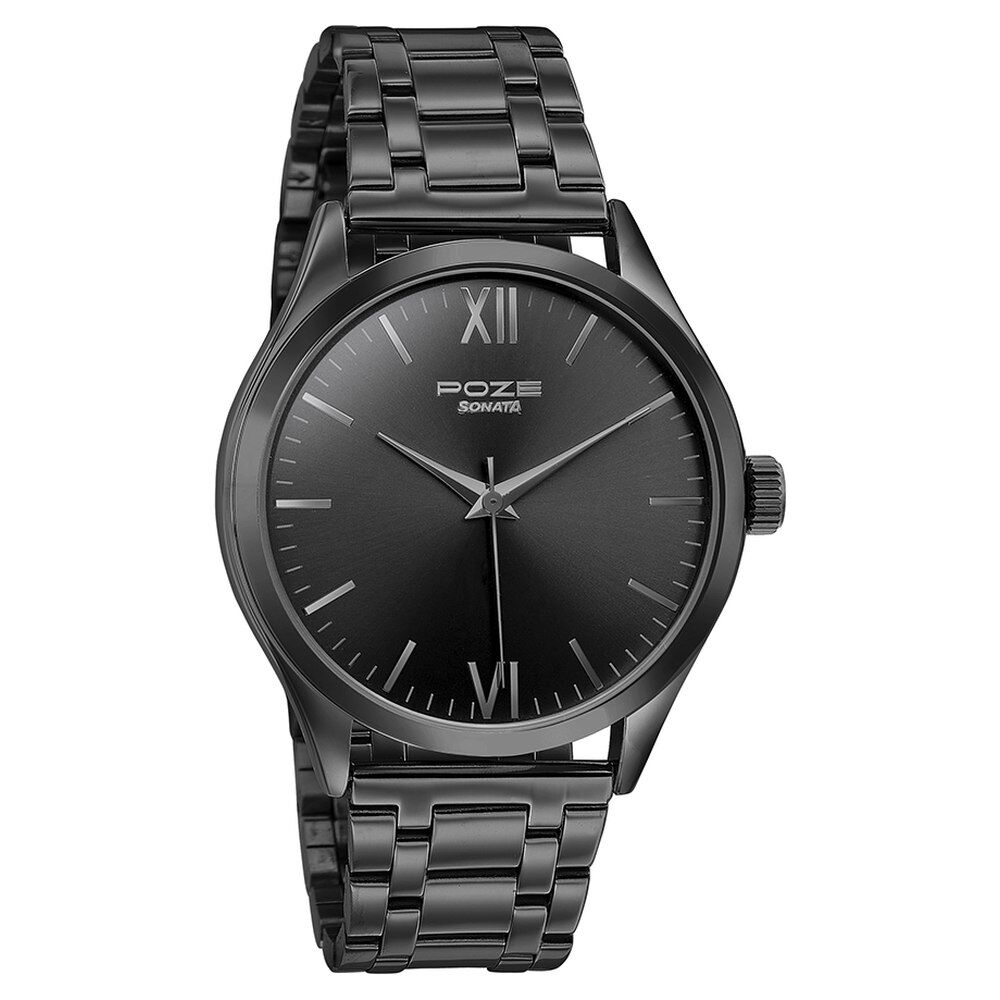 Sonata Poze Quartz Analog Black Dial Metal Strap Watch for Men