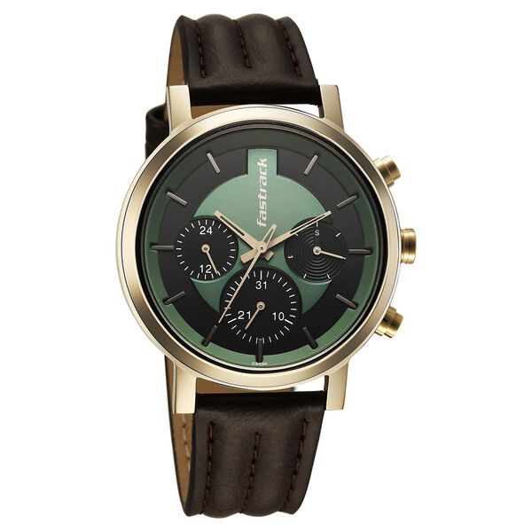 Fastrack Chrome K Quartz Multifunction Green Dial Brown Leather Strap Watch For Guys - image number 1