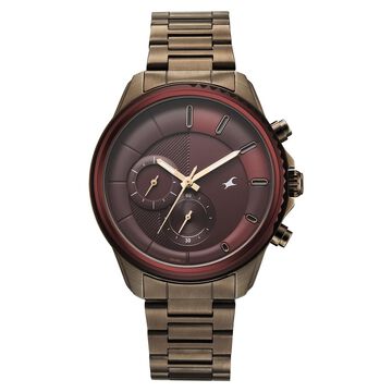Fastrack Wild Quartz Chronograph Maroon Dial Chrome K Stainless Steel Strap Watch For Guys