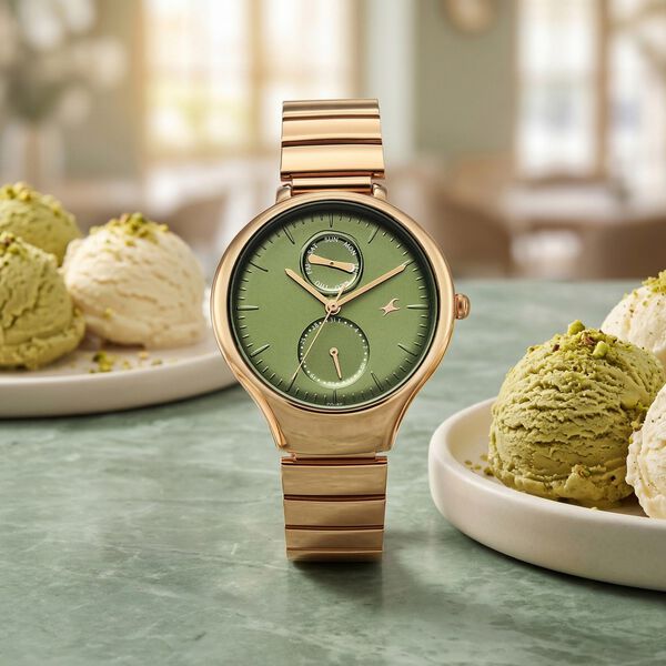 Fastrack Gelato champagne multifunction metal strap watch with Matcha green dial for Girls - image number 0