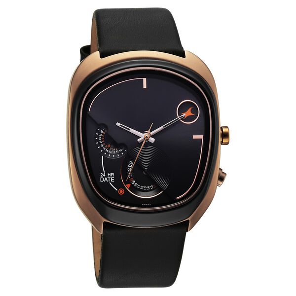 Fastrack UFO Quartz Multifunction Black Dial Black Leather Strap Watch For Guys - image number 1