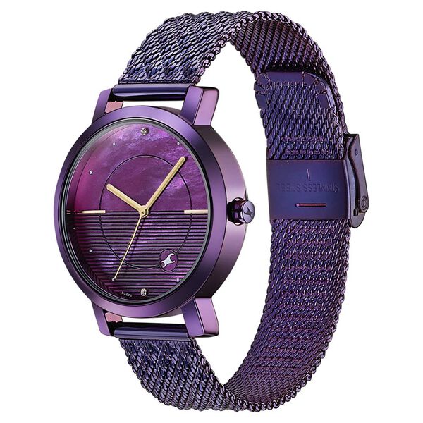 Fastrack Style Up Quartz Analog Purple Mother Of Pearl Dial Purple Stainless Steel Strap Watch For Girls - image number 2