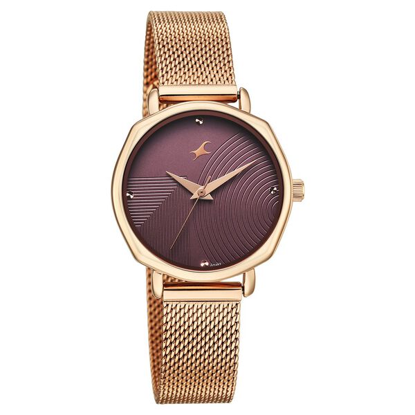 Fastrack Stunners Quartz Analog Purple Dial Rose Gold Stainless Steel Strap Watch For Girls - image number 1