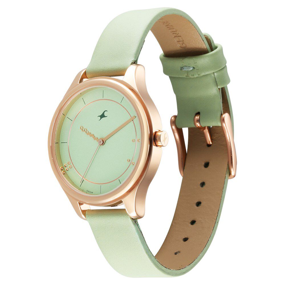 Buy Online Fastrack Stunners Quartz Analog Green Dial Green Leather Strap Watch For Girls 6296wl02 p Fastrack