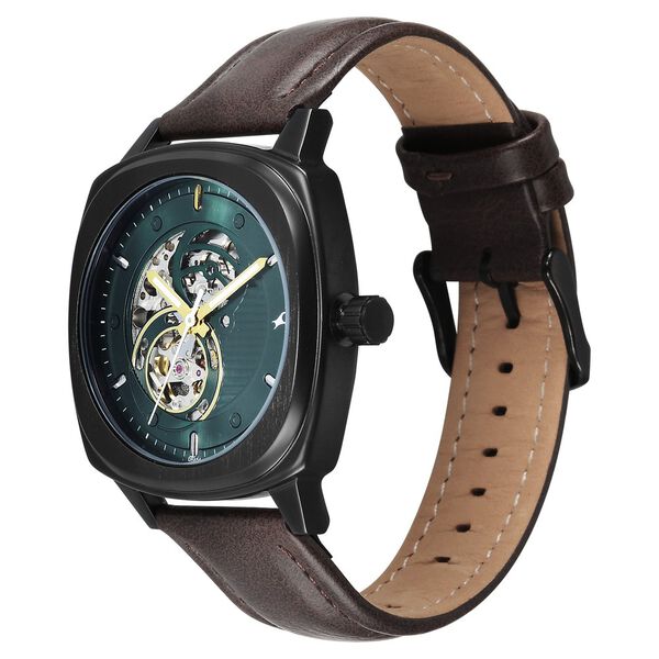 Fastrack Automatics Collection Green Dial Brown Leather Strap Watch For Guys - image number 2