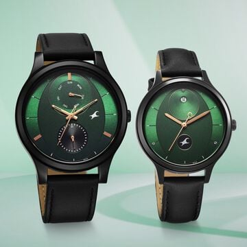 Fastrack Mixmatched Quartz Multifunction Green Dial Black Leather Strap Watch For Couple