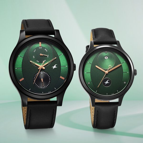 Fastrack Mixmatched Quartz Multifunction Green Dial Black Leather Strap Watch For Couple - image number 0