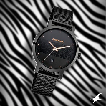 Fastrack Animal Print Quartz Analog with Date Black Dial Stainless Steel Strap Watch for Girls