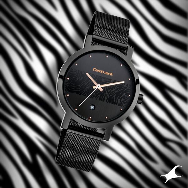 Fastrack Animal Print Quartz Analog with Date Black Dial Stainless Steel Strap Watch for Girls - image number 0