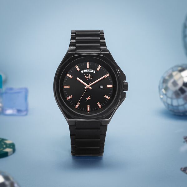 Vyb Orion By Fastrack Quartz Analog Black Dial Metal Strap Watch For Guys - image number 0