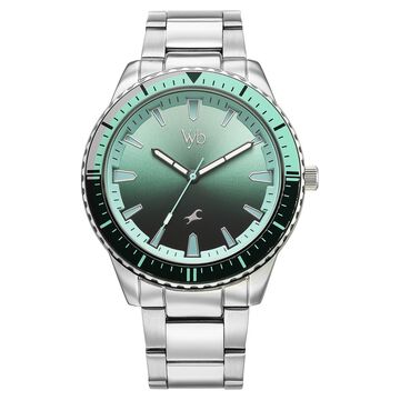 Vyb Hustler By Fastrack Quartz Analog Green Dial Silver Metal Strap Watch For Guys