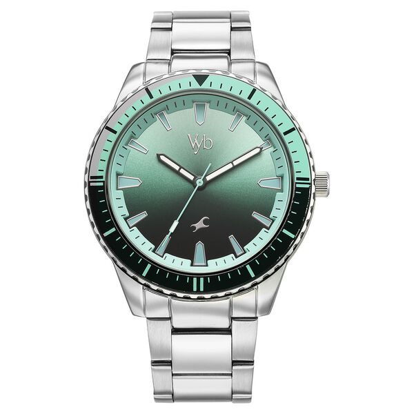 Vyb Hustler By Fastrack Quartz Analog Green Dial Silver Metal Strap Watch For Guys - image number 0