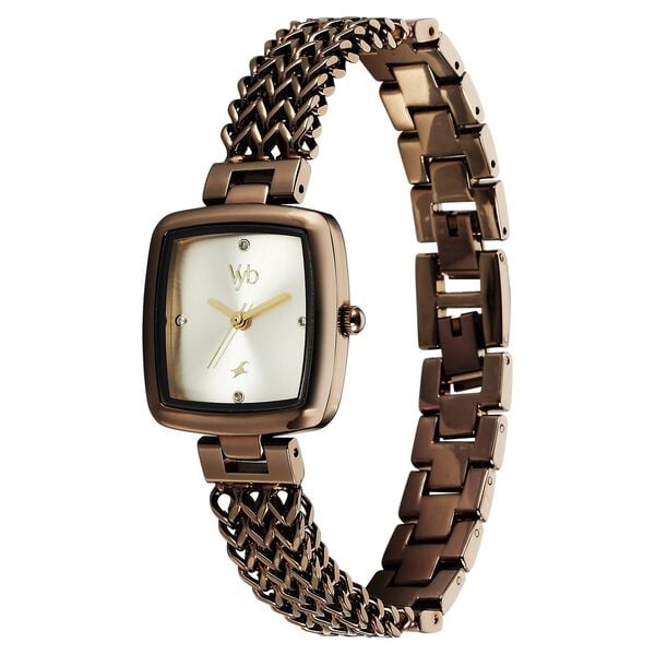 Fastrack Vyb Showstopper Quartz Analog Golden Dial Brown Metal Strap Watch For Girls - image number 3