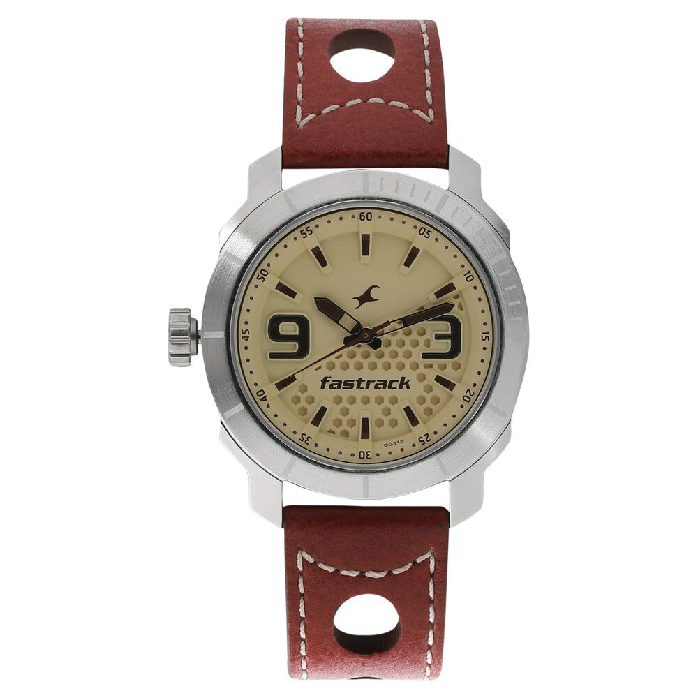 Buy Online Fastrack Loopholes Quartz Analog Champagne Dial Leather Strap Watch for Guys 3168sl02 Fastrack