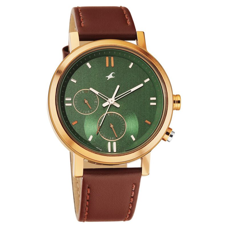 Fastrack Tick Tock Quartz Analog Green dial Leather Strap Watch for Guys