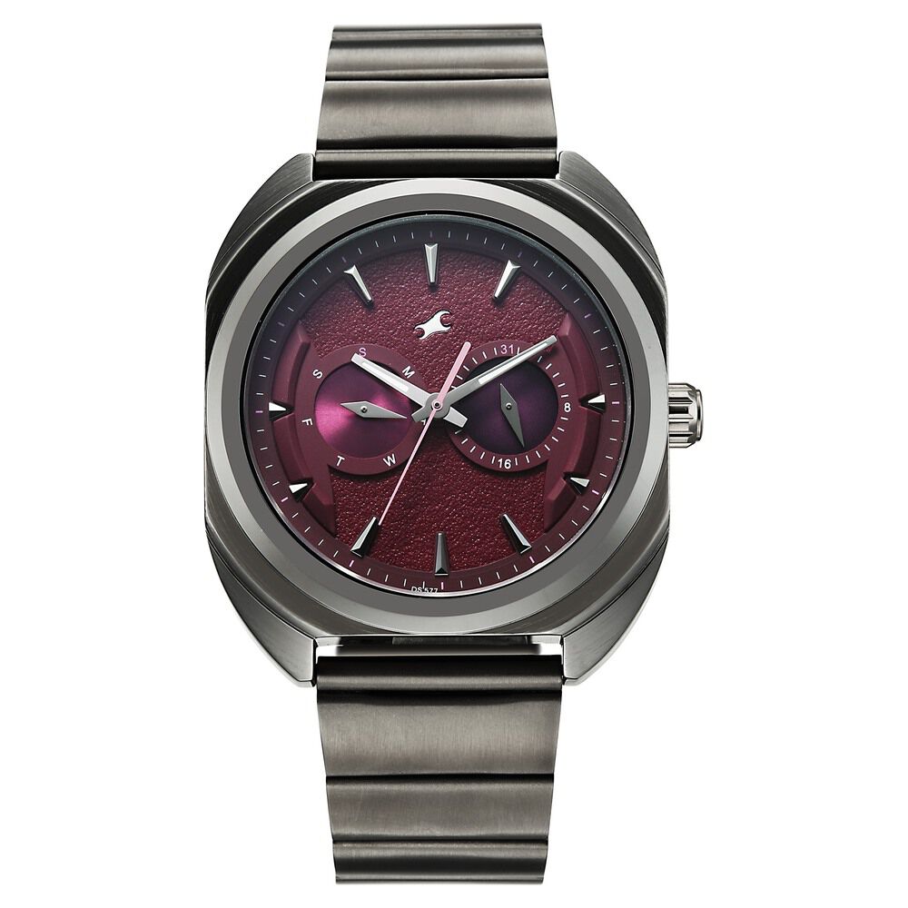 Buy Online Fastrack Wild Analog with Burgandy Dial Gun Metal Strap