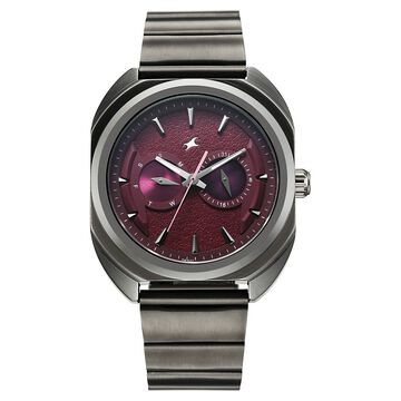 Fastrack Wild Analog with Burgandy Dial Gun Metal Strap Watch for Guys