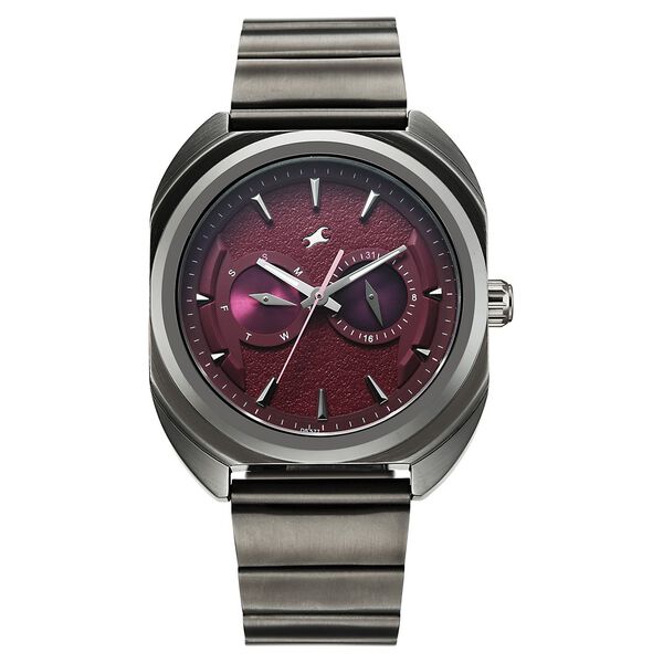 Fastrack Wild Analog with Burgandy Dial Gun Metal Strap Watch for Guys - image number 0