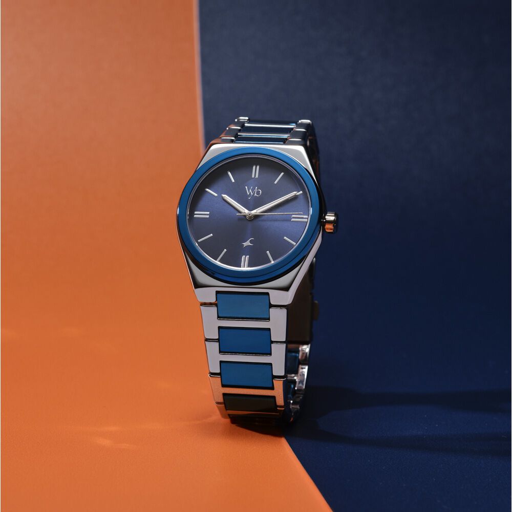 Buy Online Fastrack Vyb Nimbus Quartz Analog Blue Dial Two Toned Color Metal Strap Watch For Guys fv30010km01w Fastrack