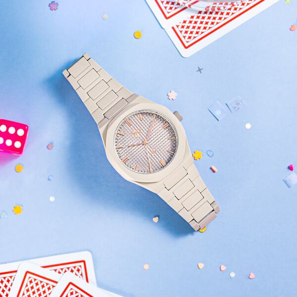 Vyb Hustler By Fastrack Quartz Analog Grey Dial Metal Strap Watch For Guys - image number 0