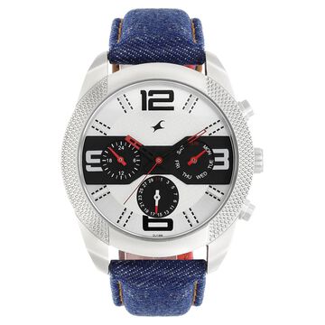 Fastrack Denim Quartz Multifunction White Dial Denim Strap Watch for Guys