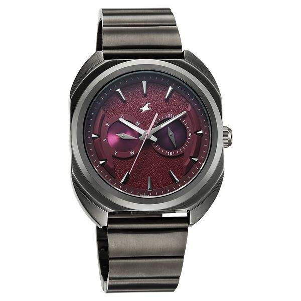 Fastrack Wild Analog with Burgandy Dial Gun Metal Strap Watch for Guys - image number 4