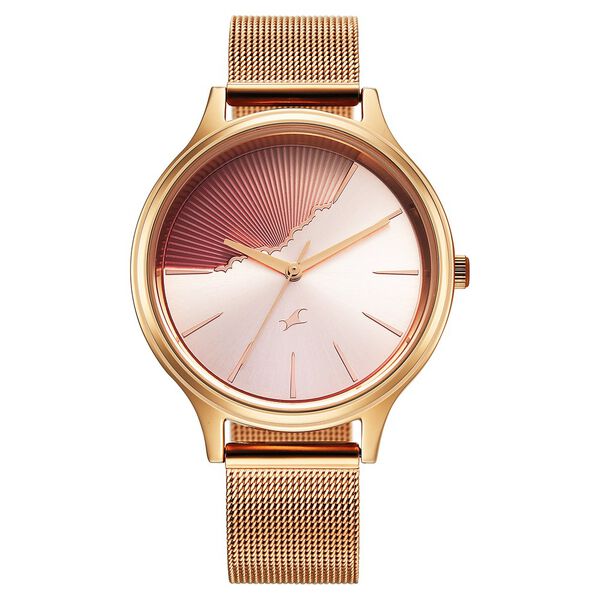 Fastrack Style Up Quartz Analog Pink Dial Rose Gold Colour Stainless Steel Strap Watch For Girls - image number 0