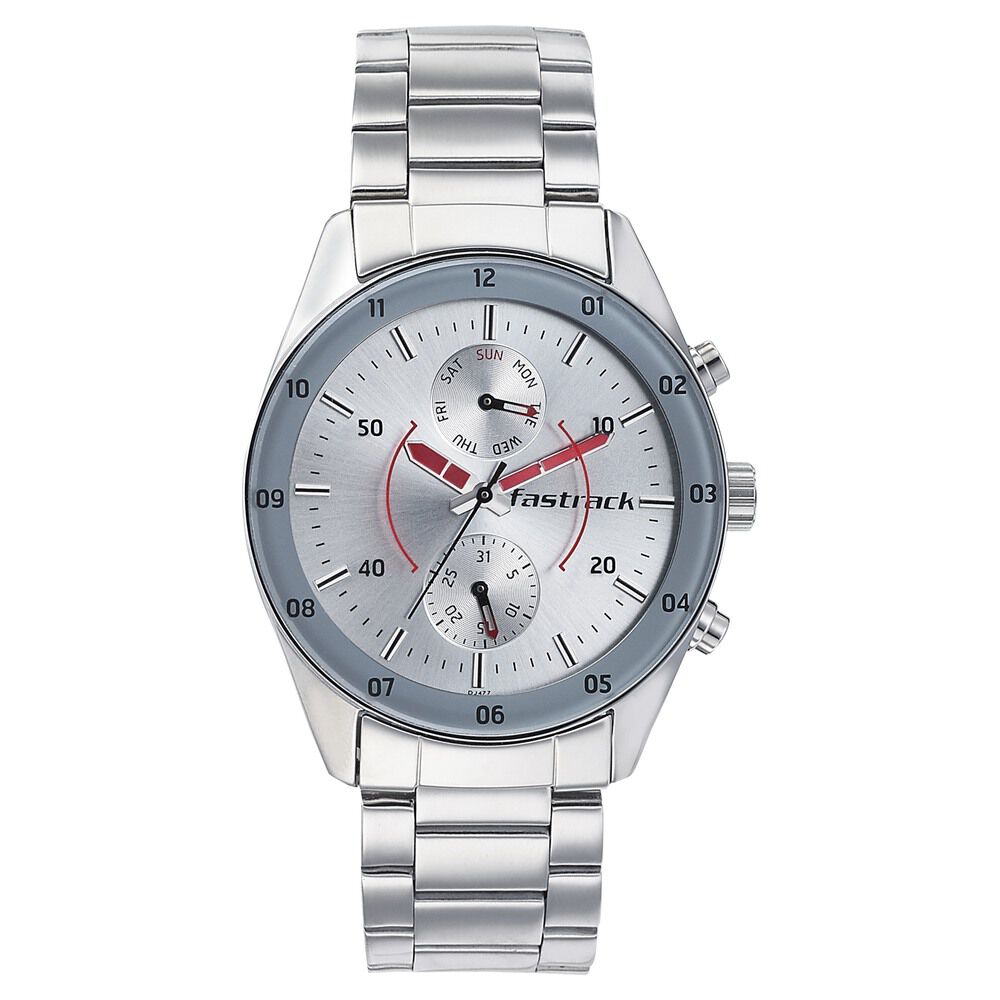 Buy Online Fastrack Space Rover Quartz Multifunction Silver Dial Stainless Steel Strap Watch for Guys np3201sm01 Fastrack