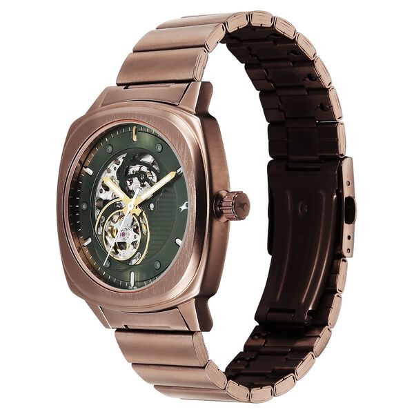 Fastrack Automatics Collection Green Dial Brown Stainless Steel Strap Watch For Guys - image number 2