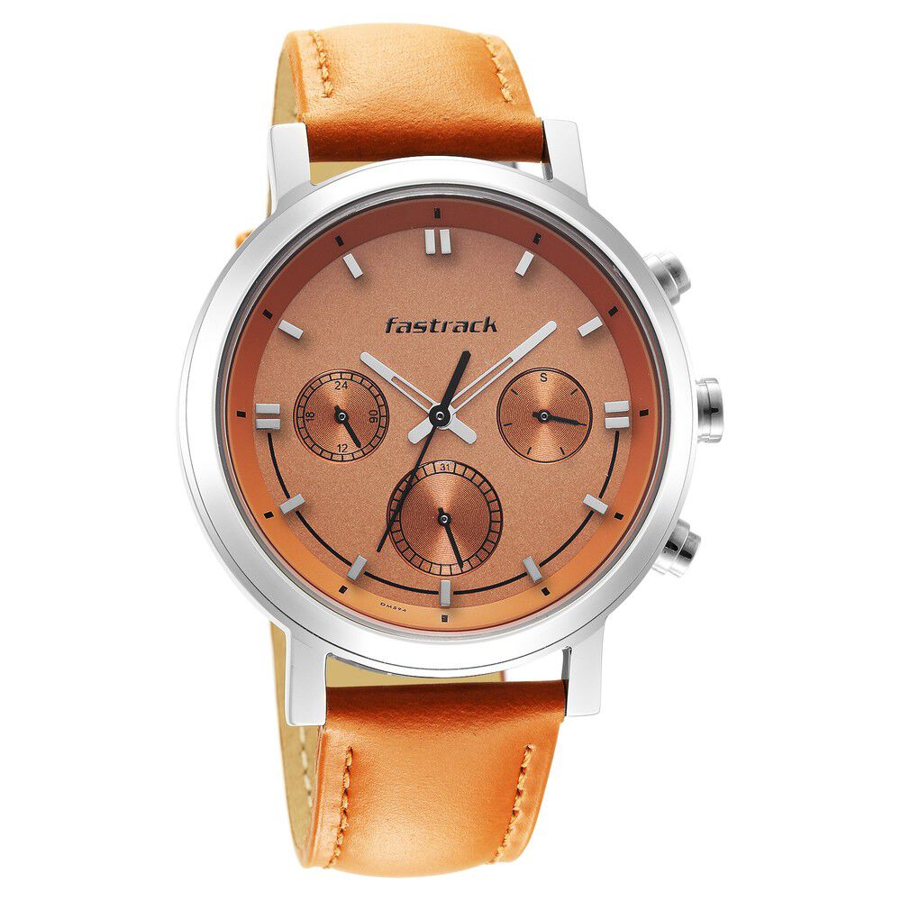 Fastrack Tick Tock Quartz Multifunction Orange Dial Leather Strap