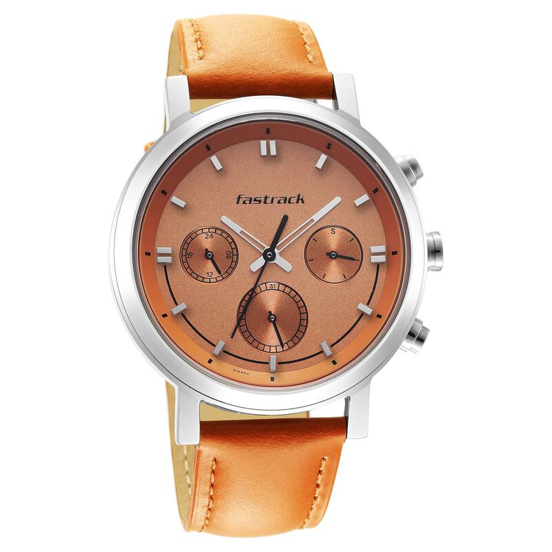 Fastrack Tick Tock Quartz Multifunction Orange Dial Leather Strap Watch
