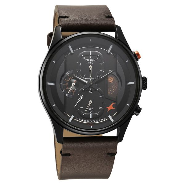 Fastrack Opulence Sun Moon Chronograph Black Dial Brown Leather Strap Analog Quartz Watch For Guys - image number 2